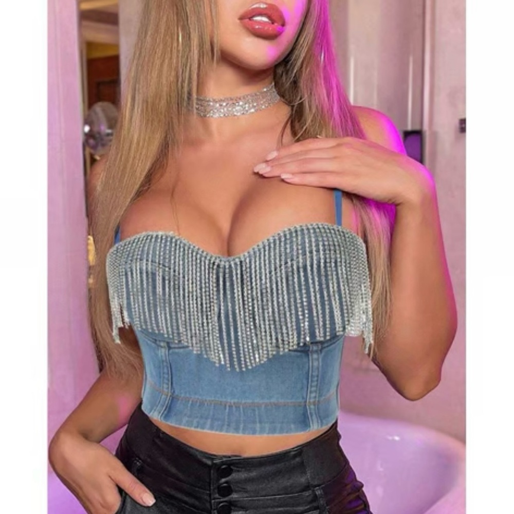Y2K Vibes Blue Denim Cowgirl Western Rhinestone Fringe Crop Bustier Tank Top